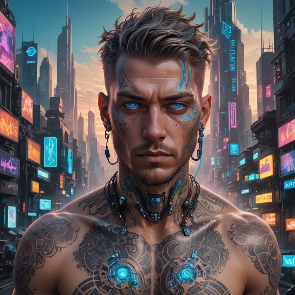 Cyberpunk Man with Neon Tattoos in Futuristic City