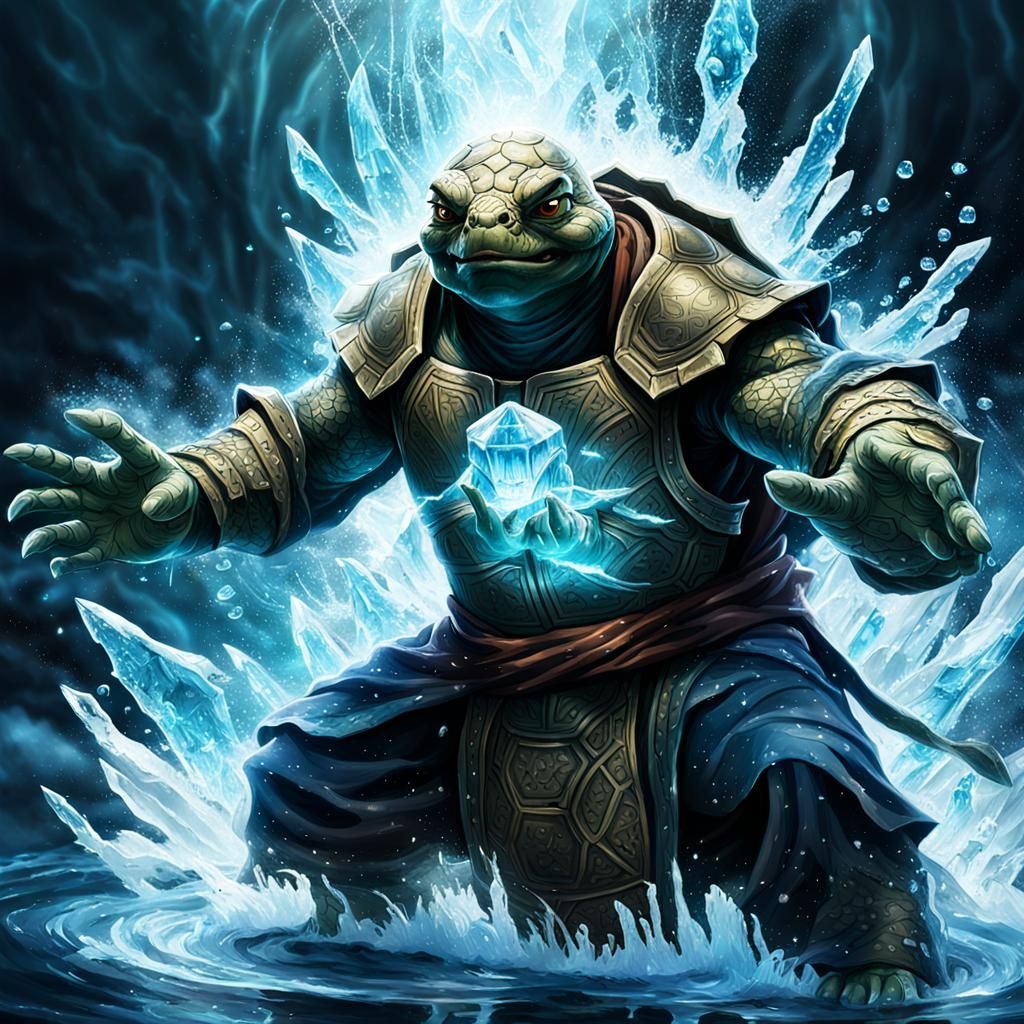 Tortle dnd monk with water and ice magic on his hands angry and vindictive