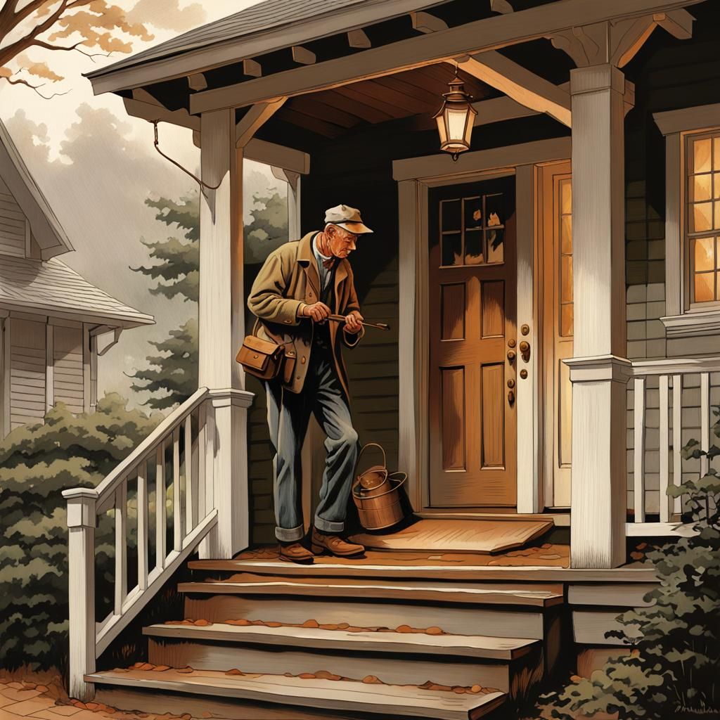 Nostalgic Americana: Man Carving Wood in Gentle Rain