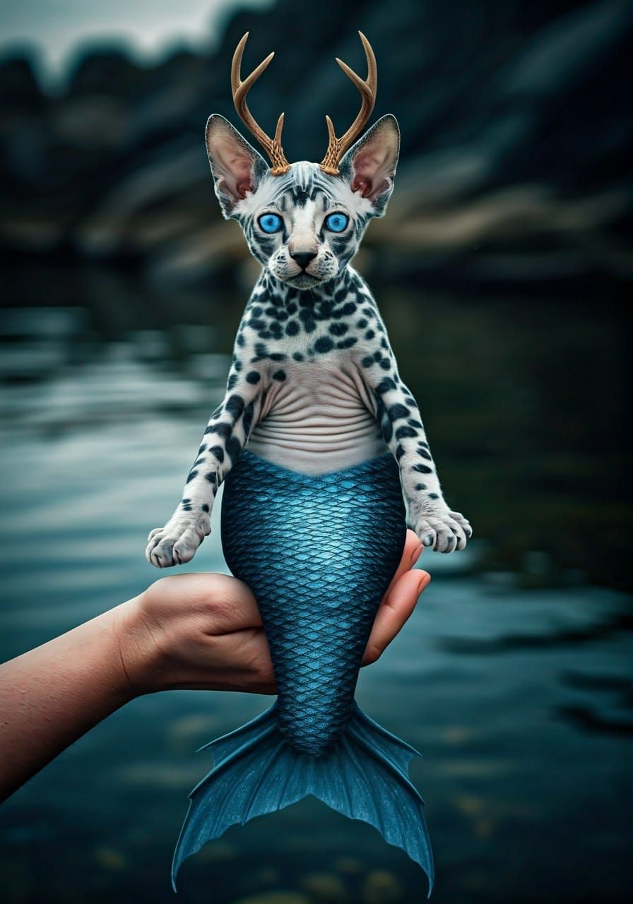 Hyperrealistic Cat Mermaid with Deer Antlers