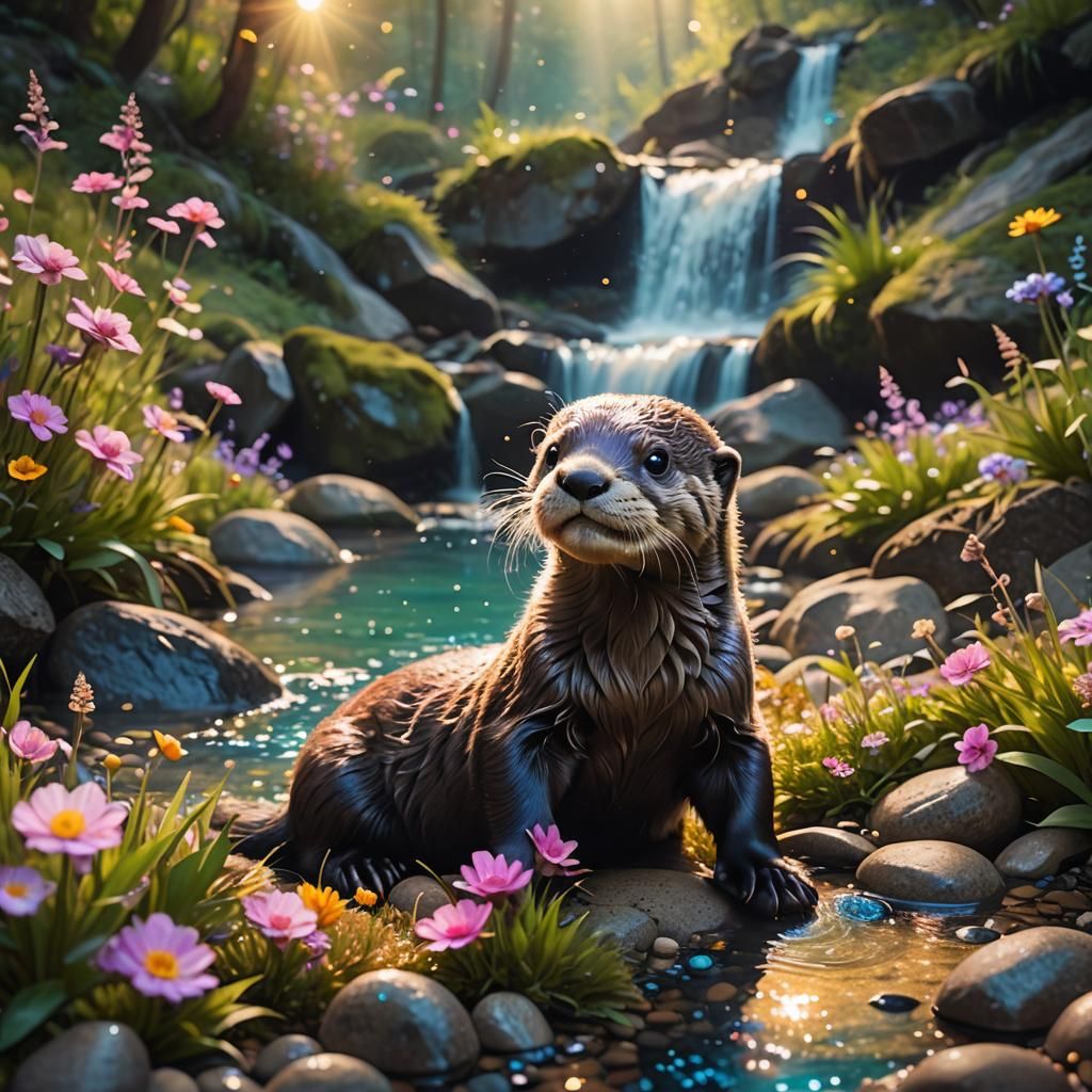 Baby Otter Playing by Enchanted River in Silhouette Art