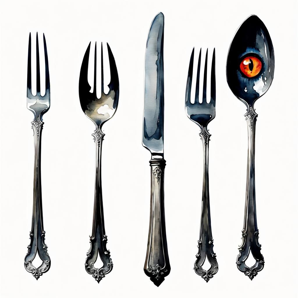 Creepy Demon-Eyed Cutlery in Watercolor Style