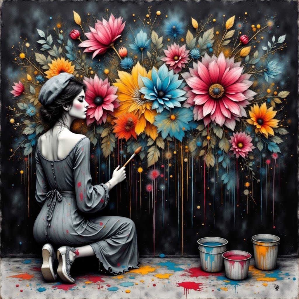 Woman Paints Flowers with Expressive Brushstrokes