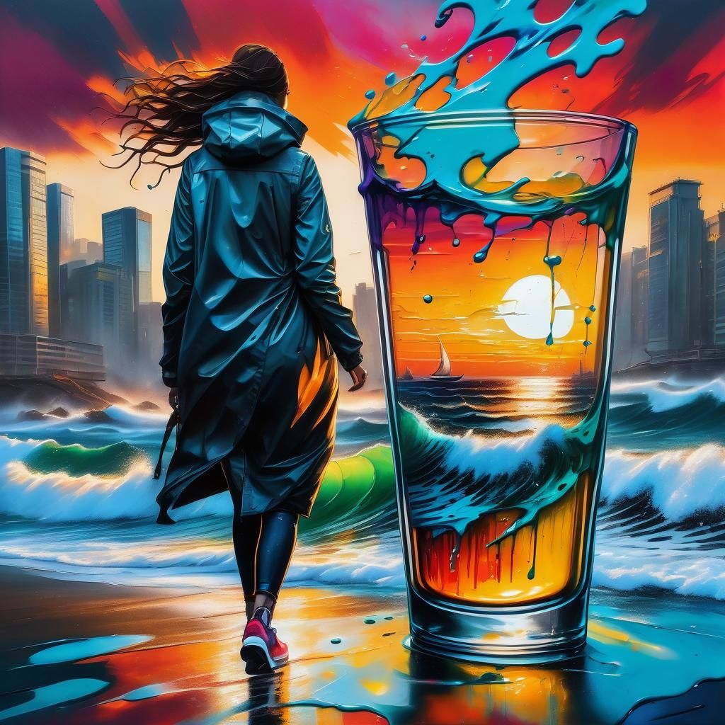 Stormy Sunset Sea Inside Glass, Graffiti Art