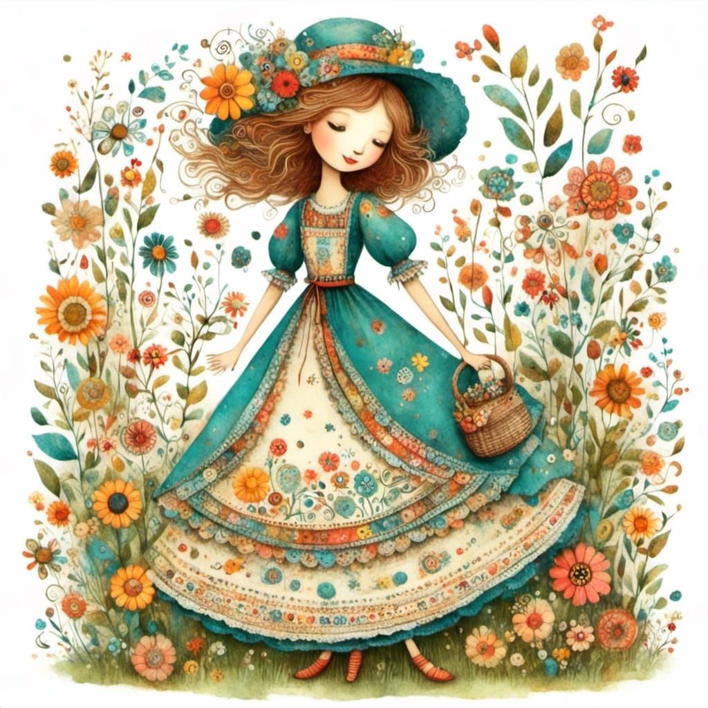 Girl in Summer Dress, Shabby Folk Style