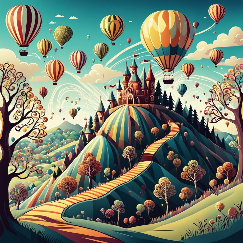 Whimsical Carnival with Hot Air Balloons, Storybook Illustra...