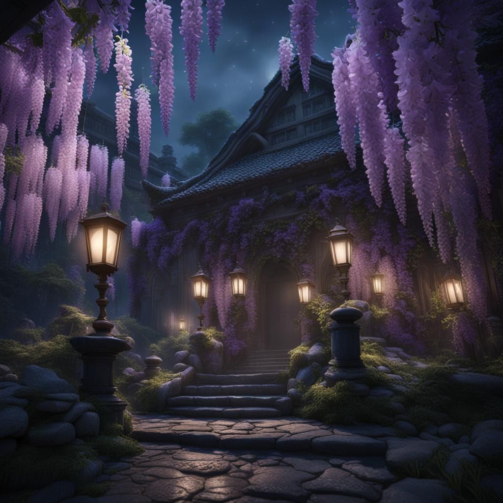 Wisteria in Moonlight: Detailed Matte Painting