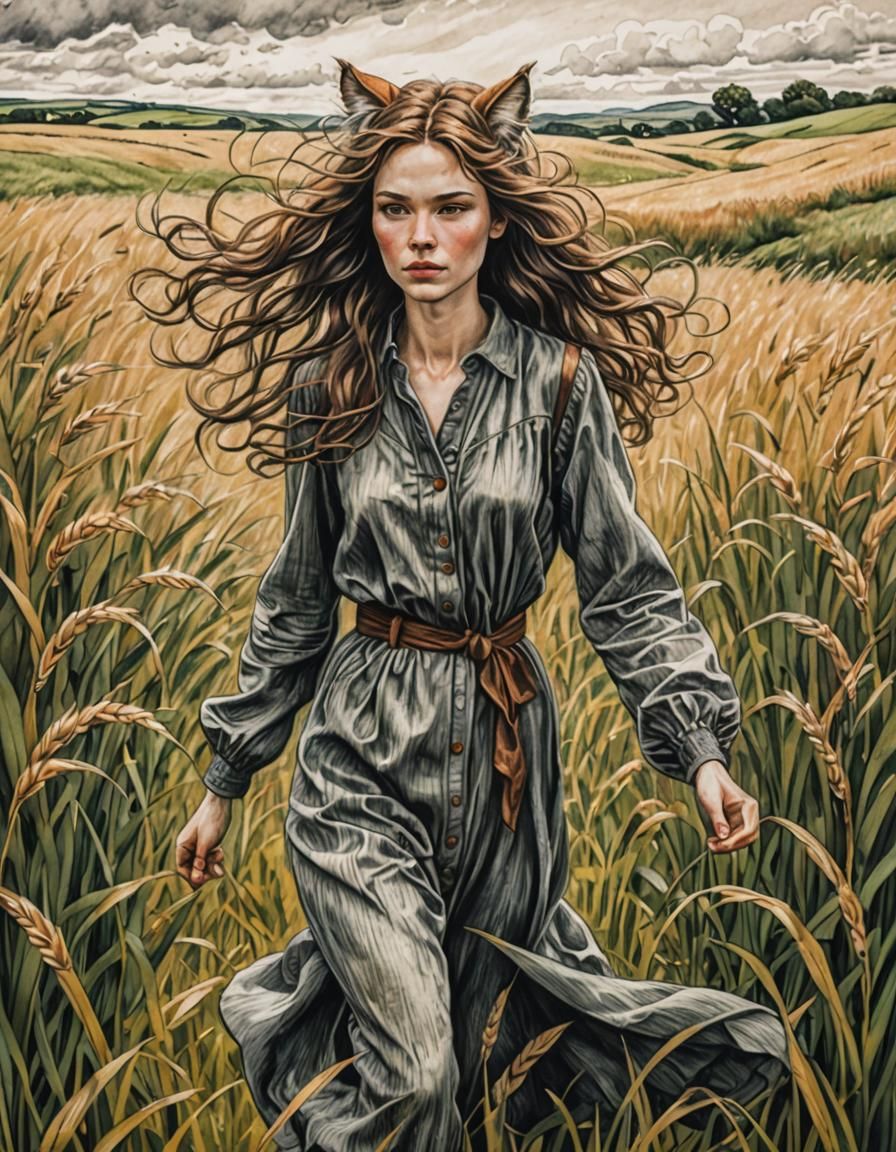 Feline Woman in Windy Field: Art Nouveau Sketch