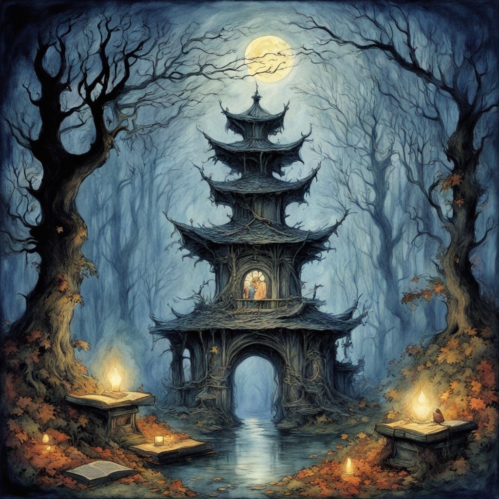 Dreamlike Autumn Scene with Fairies and Floating Books