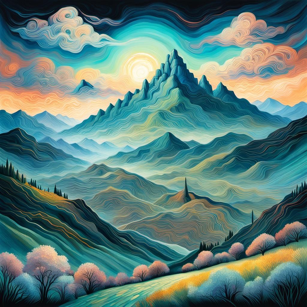 Mountain Cityscape with Bioluminescence in Impressionist Sty...