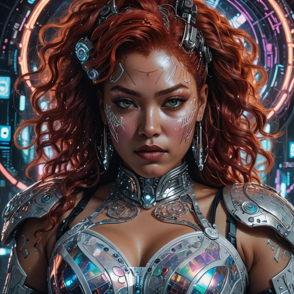 Cyberpunk Plus-Size Woman in Holographic Corset