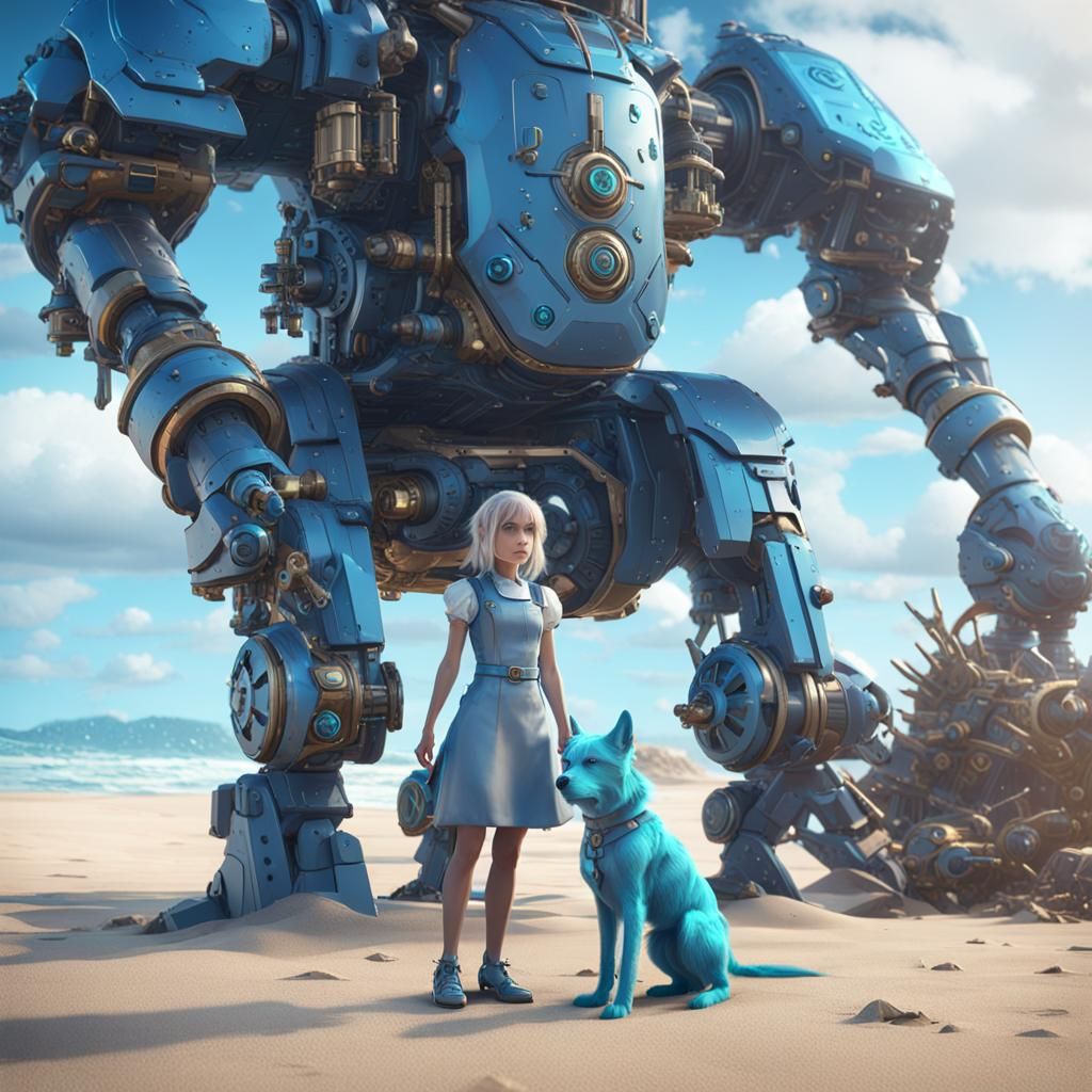 Alice and Blue Dog on Beach in Sci-Fi Style
