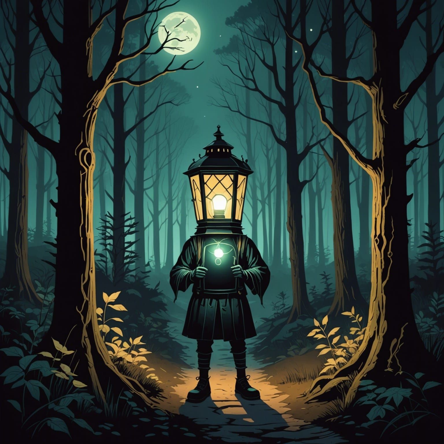 Anthropomorphic Lantern Lights a Dark Forest: Kawaii Pastel ...