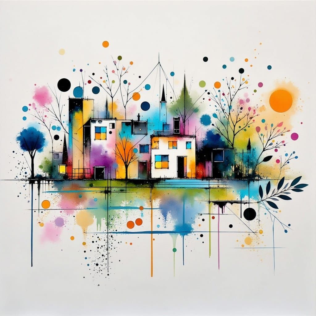 Vibrant Geometric Artwork in Mixed Media Style