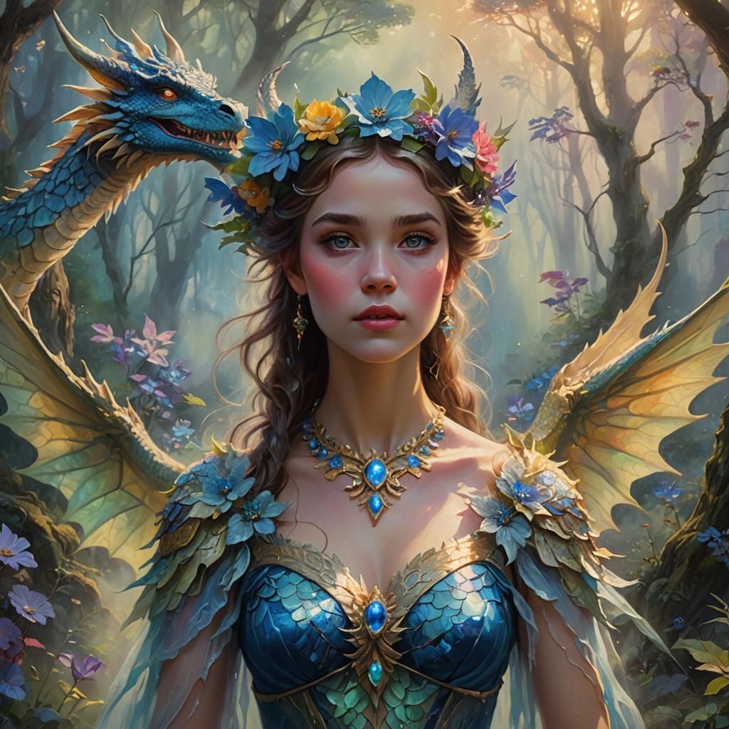 Ethereal Dragon-Winged Woman in Misty Forest
