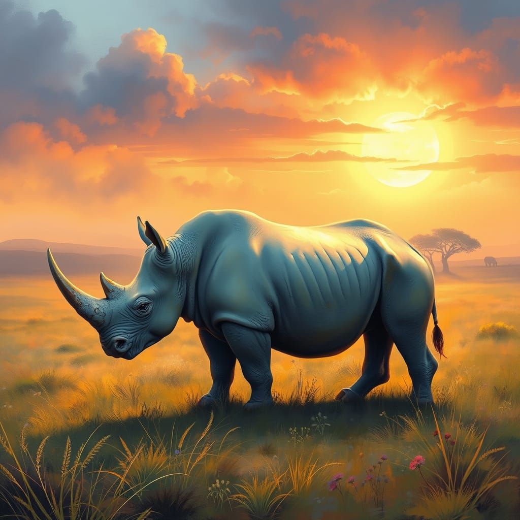 Rhino in African Landscape: Realism and Impressionism