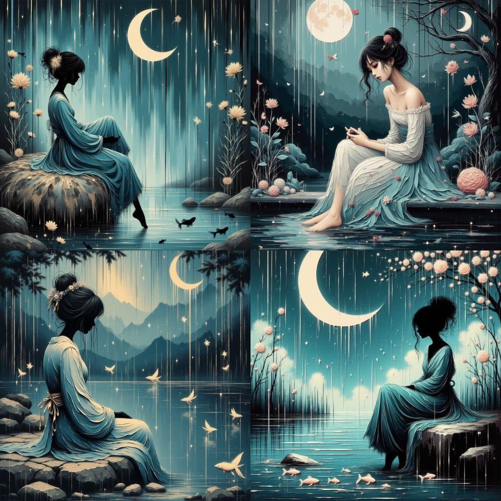 Japanese Woman in Tattered Clothes by Pond, 3D Oil Brushwork