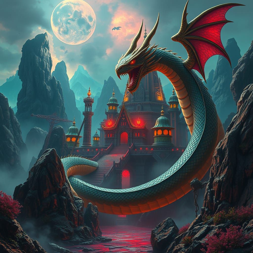Mystical Temple Dragon in Dreamlike, Futuristic Landscape