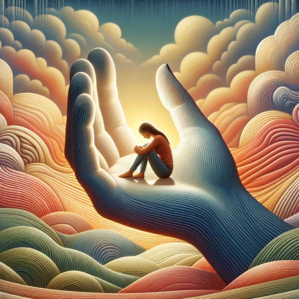Serene Image of Person in Giant Hand