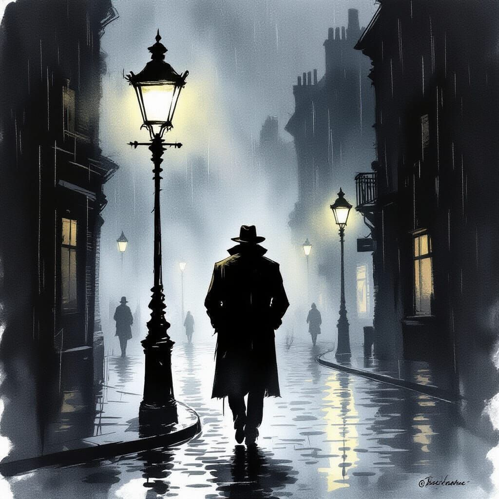 Shadowy Man on Rainy Cobblestone Street in Noir Style