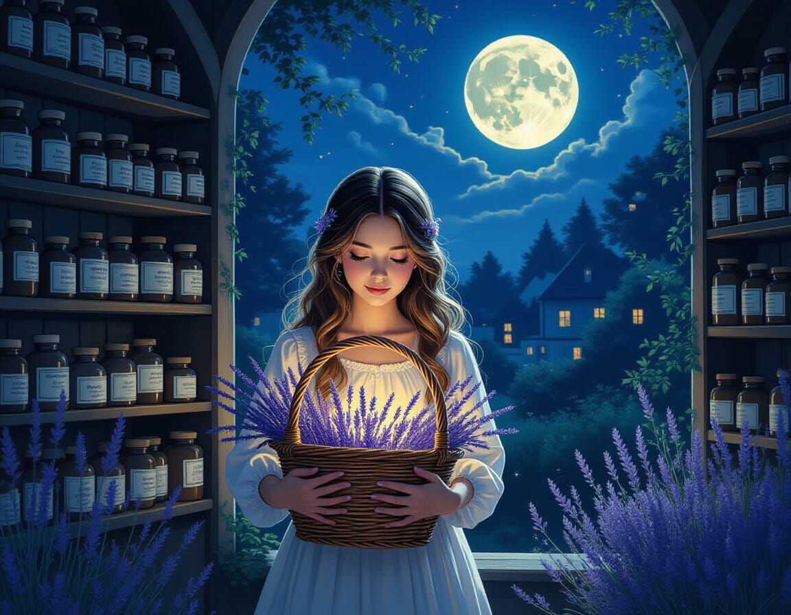 Dreamy Girl in Apothecary with Lavender and Secrets