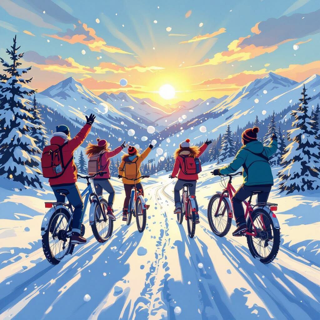 Friends Enjoying a Snowball Fight on a Mountain Road