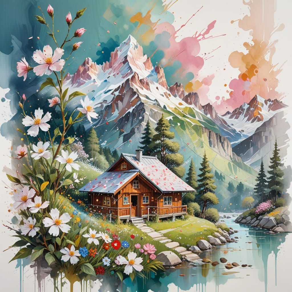 Vivid Swiss Alps Meadow with Wildflowers and Chalets