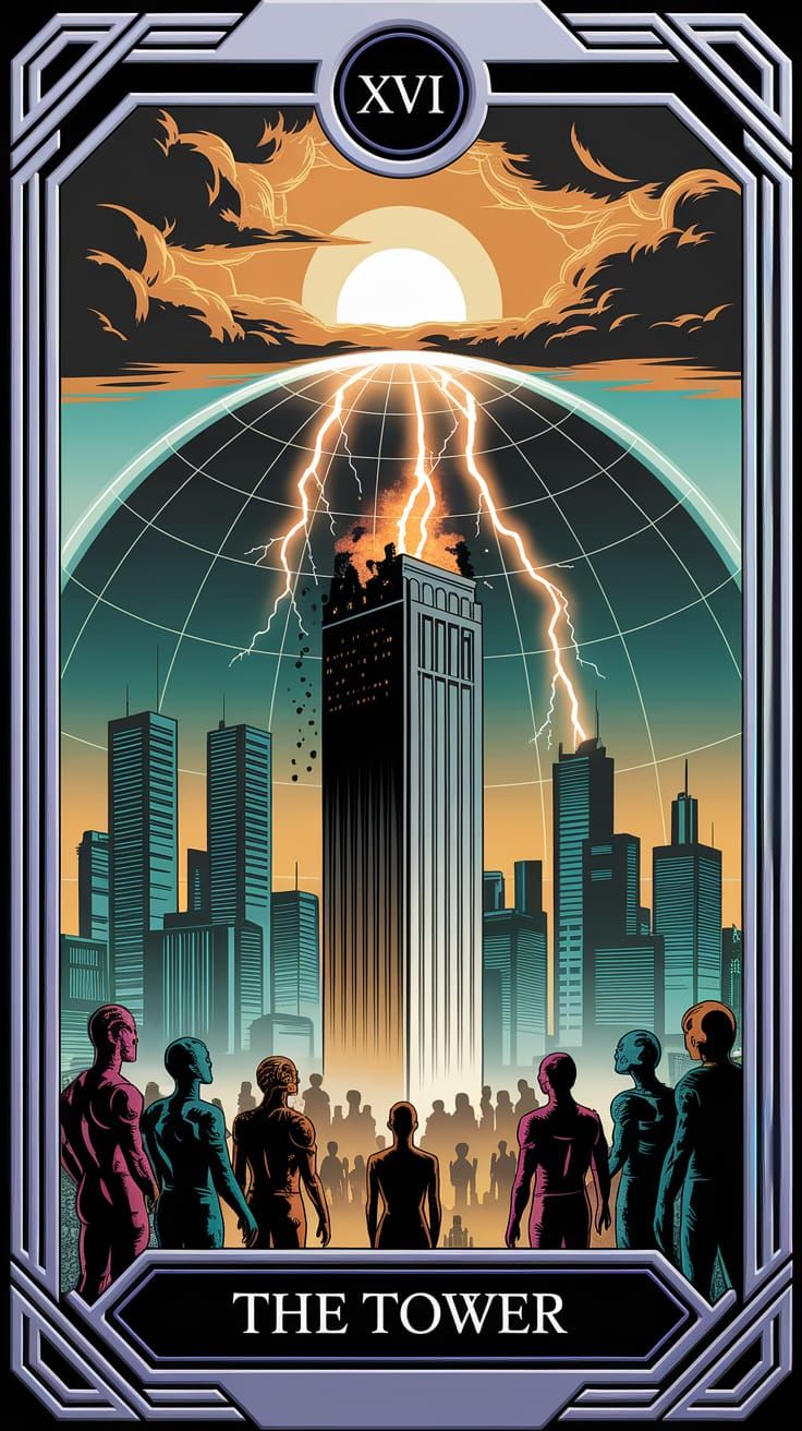 Cyberpunk Tower Tarot Card in Silver Frame