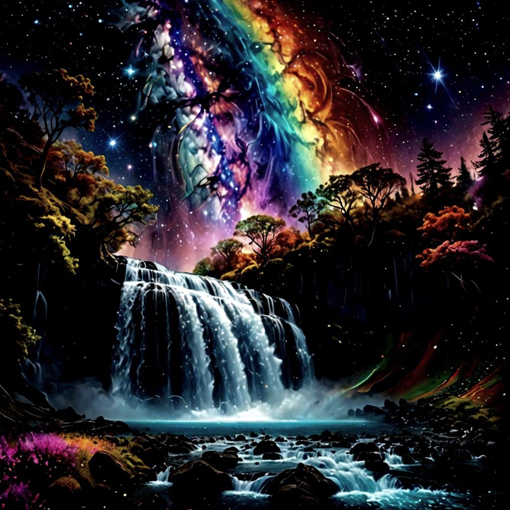 Cosmic Rainbow Waterfall with Nebulae and Glitter