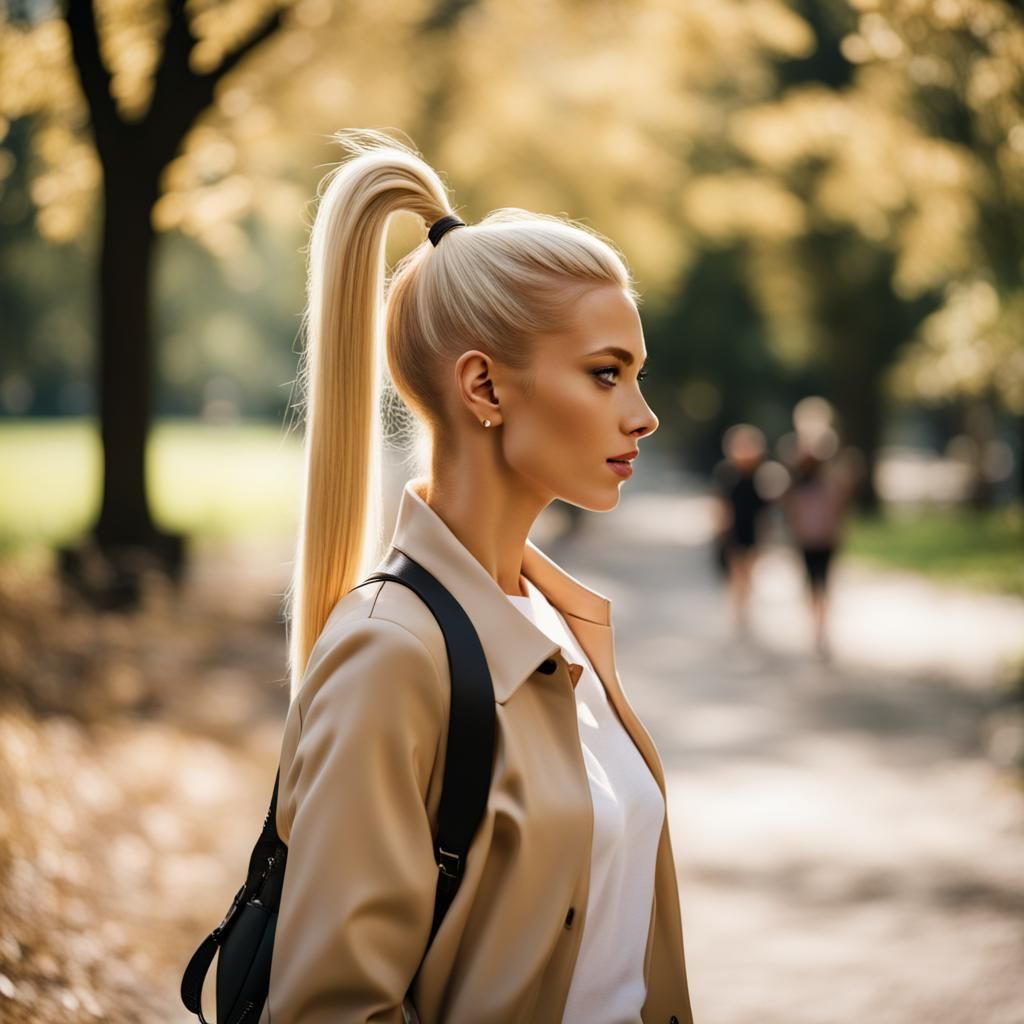 Woman with Blonde Ponytail Strolling in Park