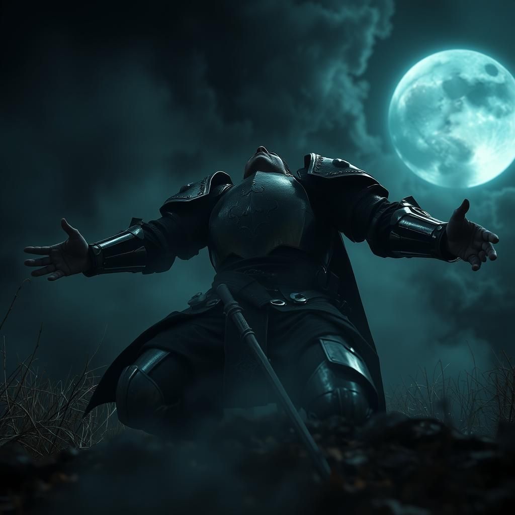 Liminal Knight Kneeling in Anguish Under Moonlight