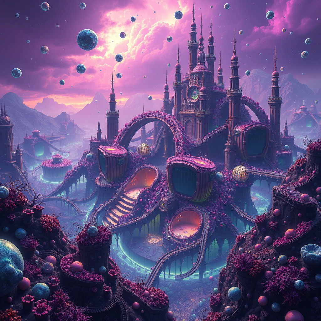 Iridescent Bacterial Metropolis in Digital Art Style