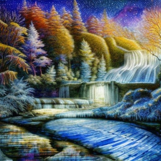 Frozen River Mill Under Cosmic Sky, Papercraft Style