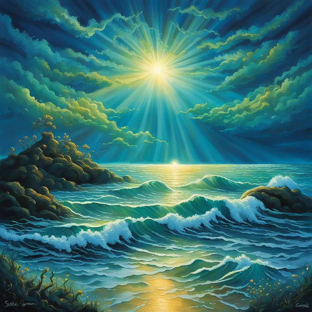 Glowing Bioluminescent Ocean Under Morning Sky: Anime Style