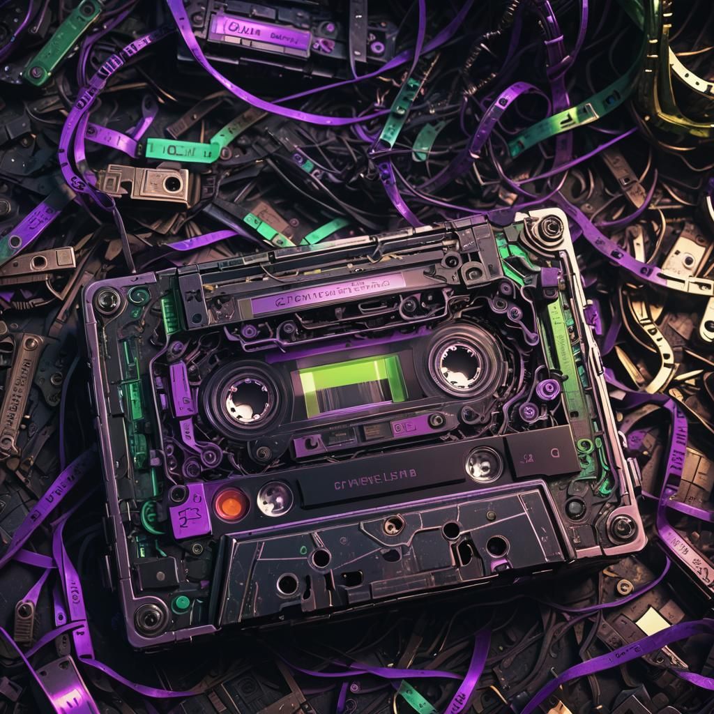 Cyberpunk Cassette Nightmare in Gritty Neon Noir