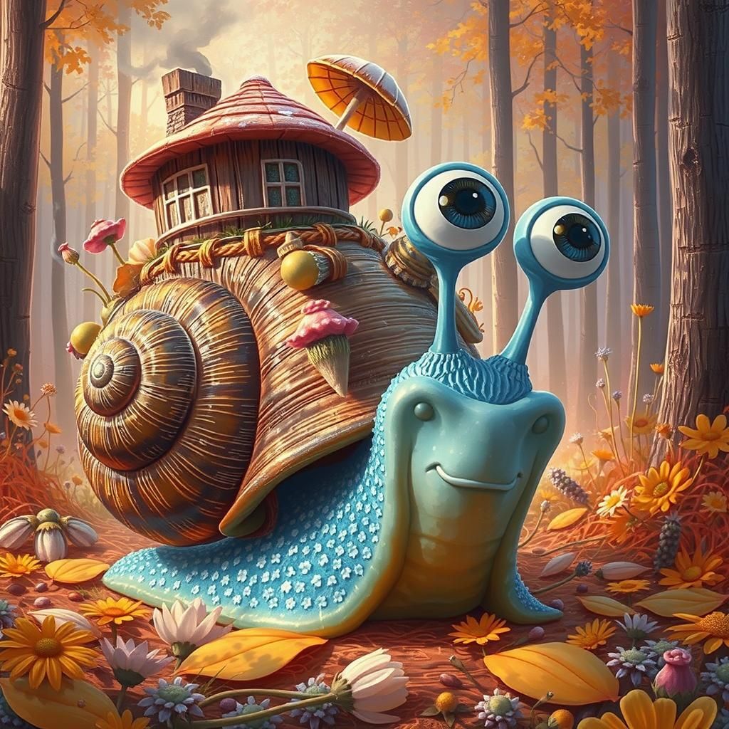 A snail wearing a tiny backpack, carrying a miniature wooden cottage with smoke drifting lazily from the chimney, perche...