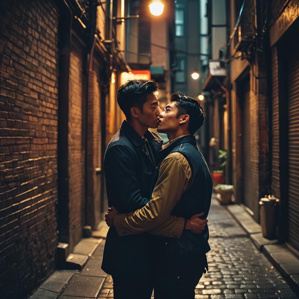 Romantic Kiss in Alleyway, Cinematic Film Still