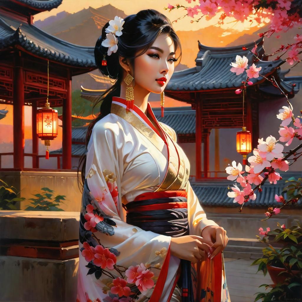 Asian Girl in Courtyard at Sunset, Splash Art