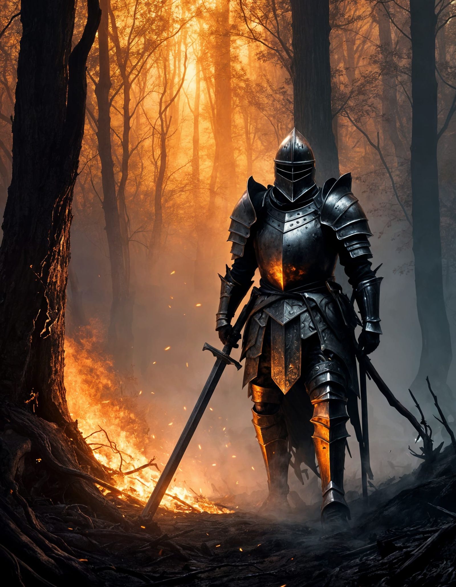 Smoldering Knight in Charred Forest: Fantasy Art