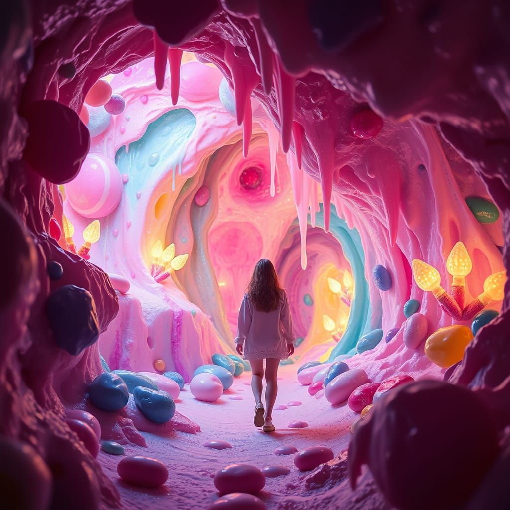 Whimsical Candy Caves with Glowing Fireflies