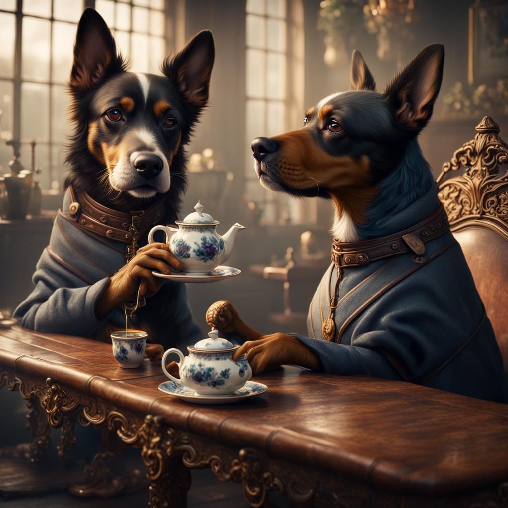 Dogs Share Tea in Detailed Fantasy Art