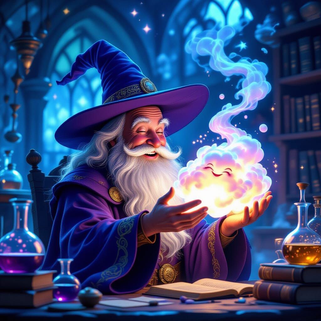 Whimsical Wizard Eats Glowing Cloud in Starlit Lab