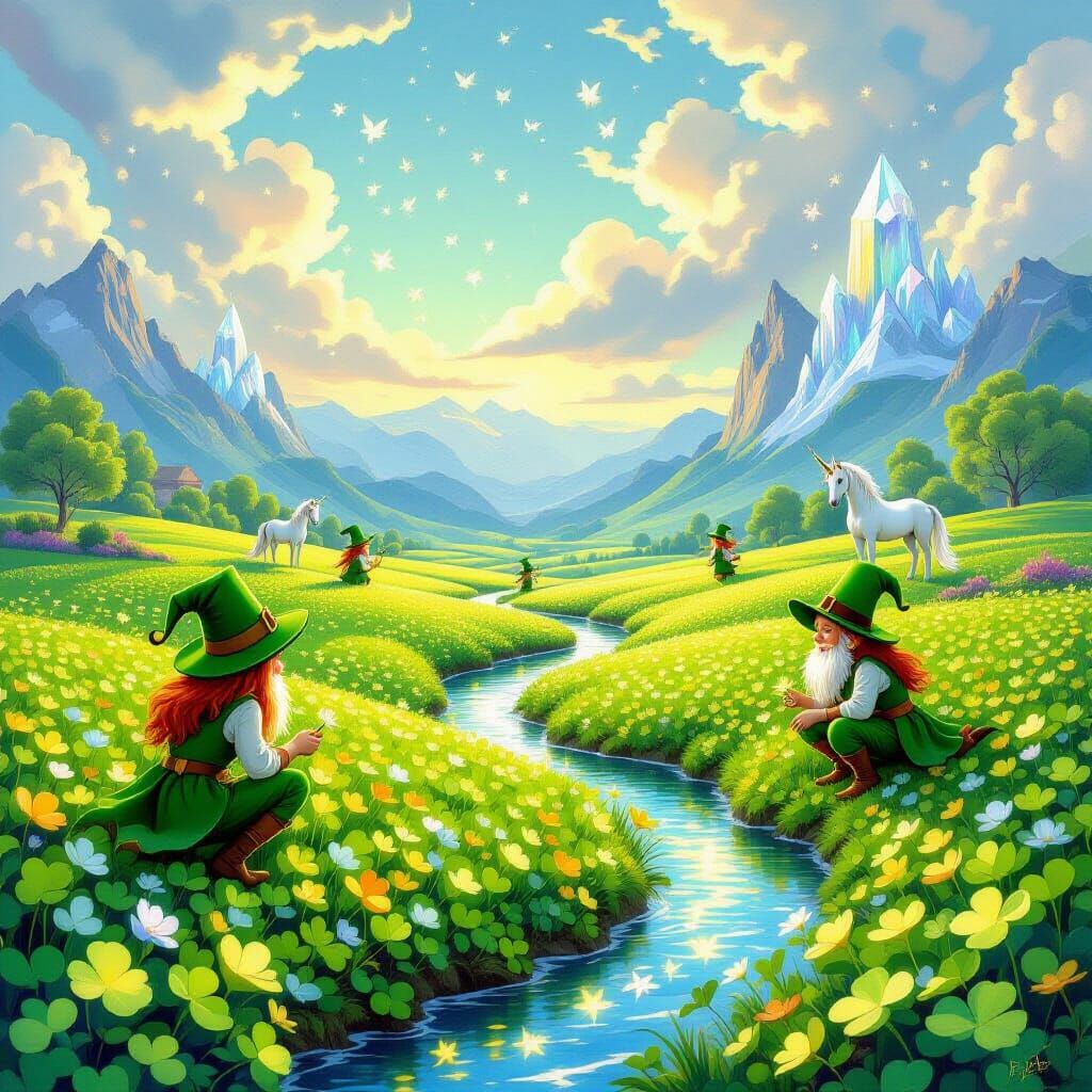 Magical Leprechauns Tending Glowing Clovers in Fantasy Land