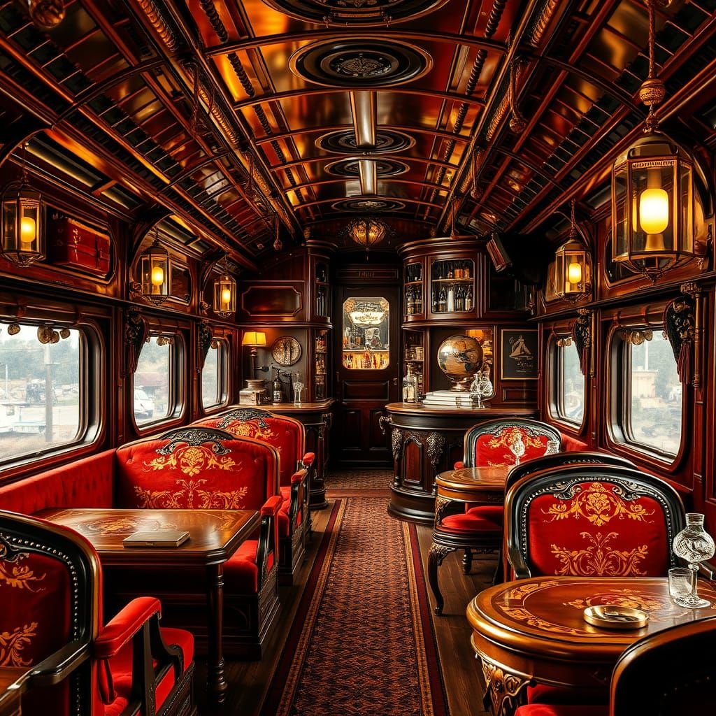 Luxurious Steampunk Train Interior with Bar and Velvet Sofas