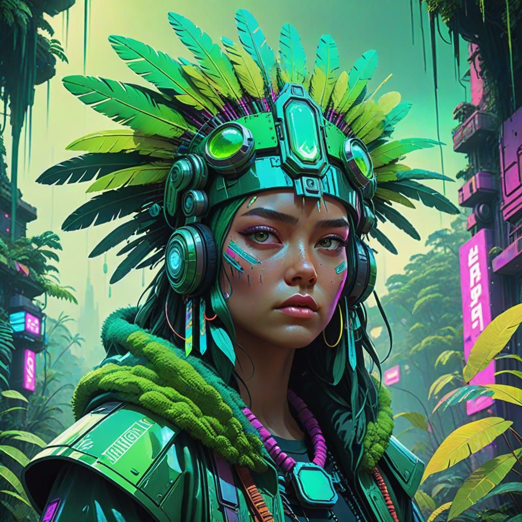 Amazonian Green Gemstone Tribe Warrior in Vibrant Jungle Env...