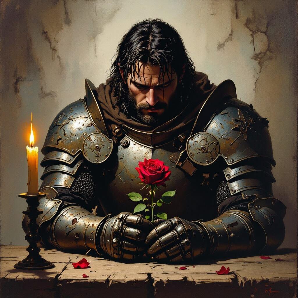 Knight Holds Scarlet Rose in Dimly Lit Room