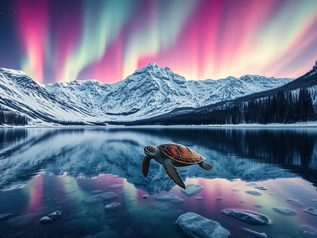 Northern Lights Serenade: Sea Turtle in Vibrant Wonder