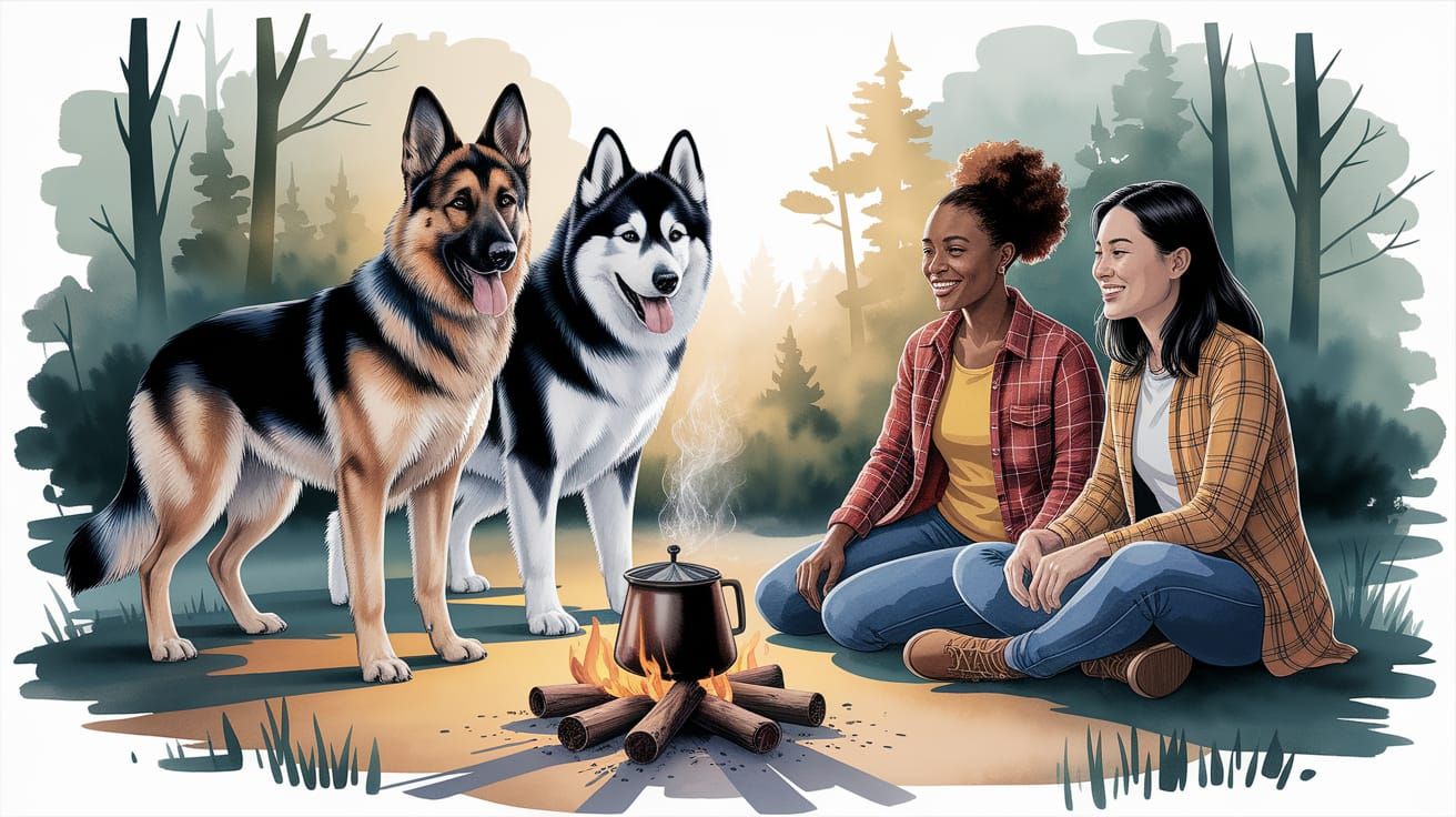 Watercolor Campsite Scene at Sunrise with Dogs