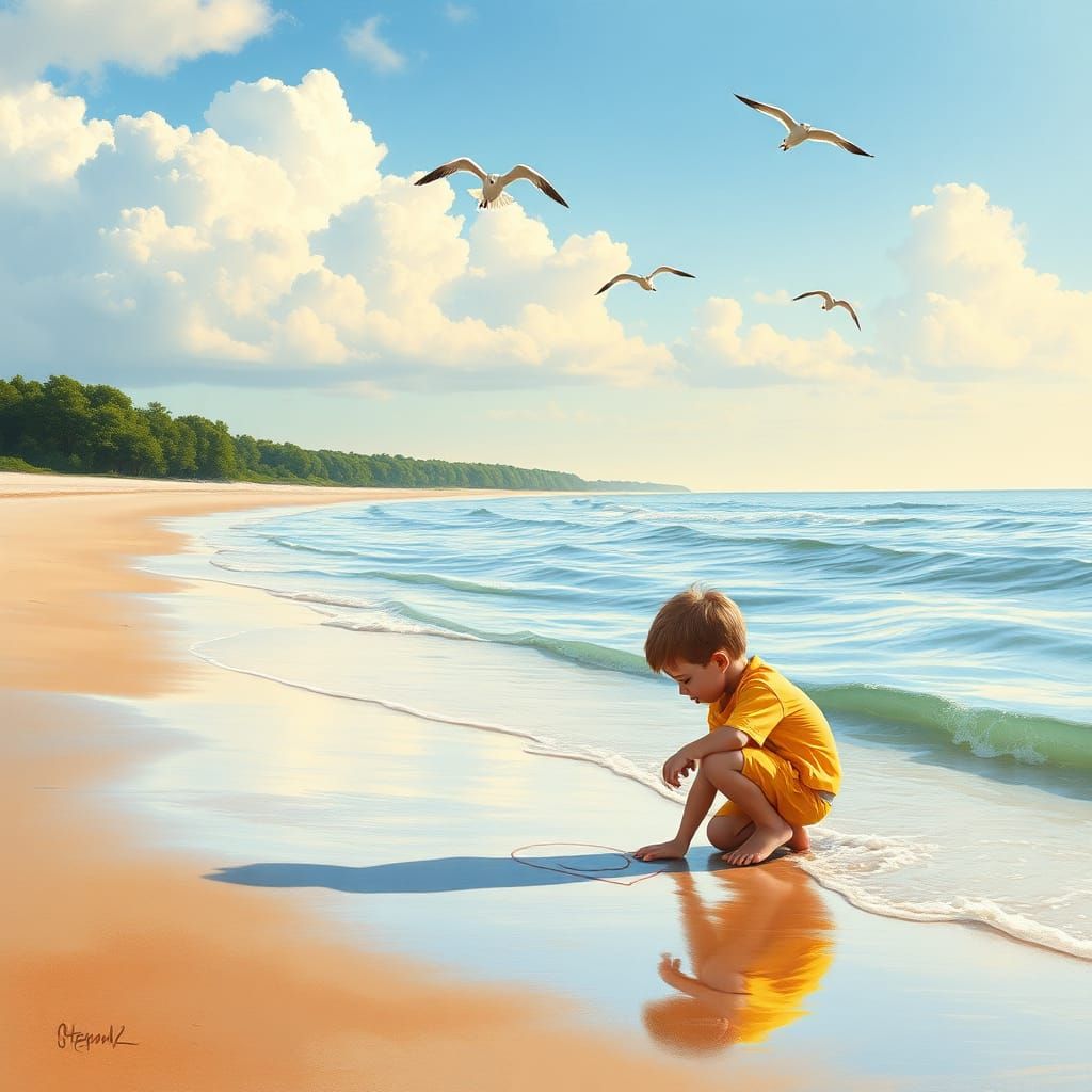 Boy Draws on Beach at Sunrise in Watercolor Style