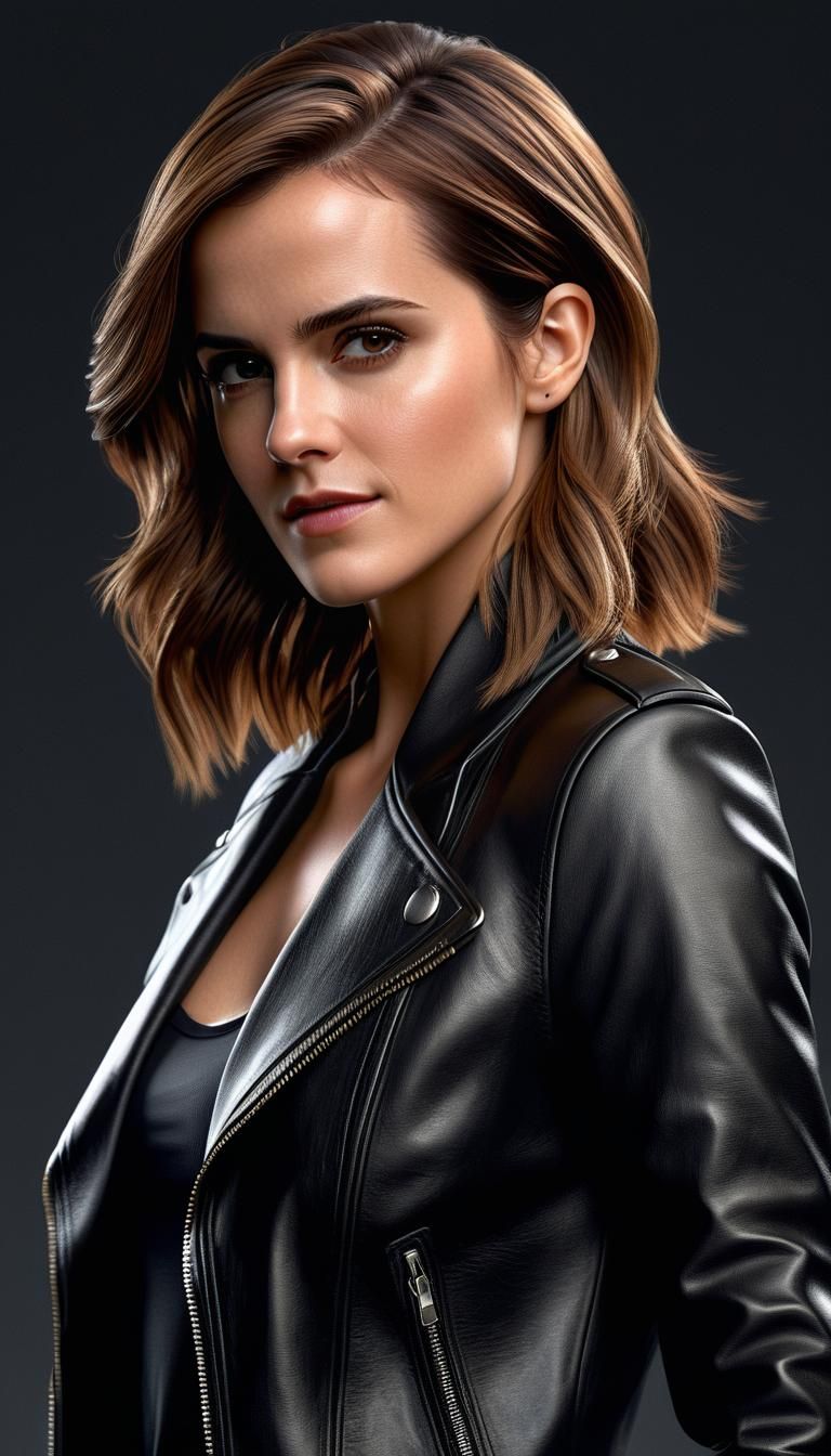 Hyperrealistic Portrait of a Woman in Leather Jacket